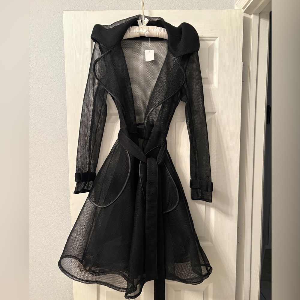 NWT CQ by CQ Sheer Black Mesh Trench Coat with Belt